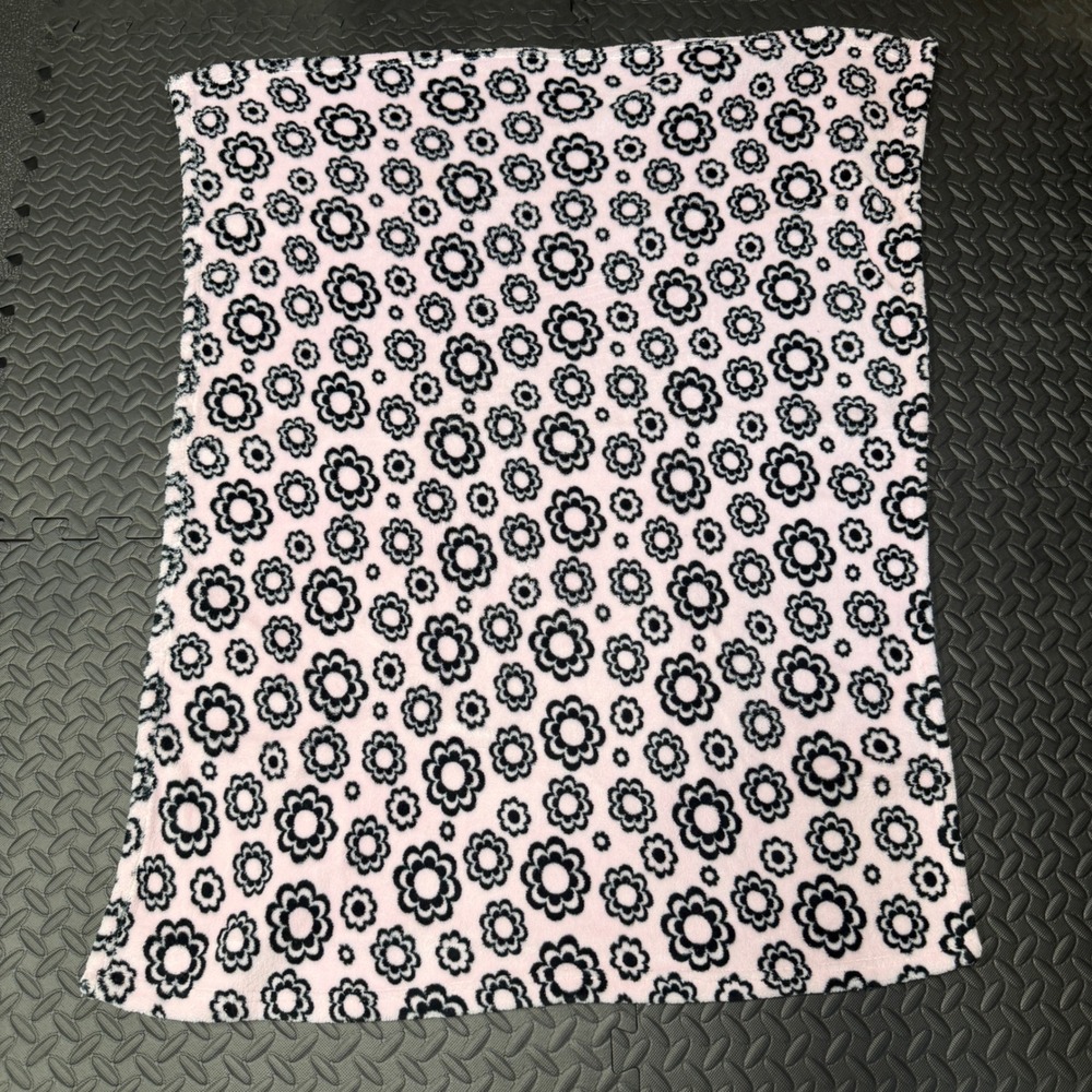 Baby Gear Blanket Pink Black Floral Daisy Plush Fleece Soft Retro 30x40